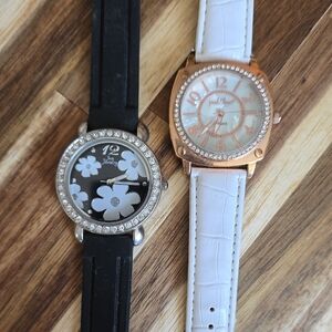 Pair of Floral Accent Ladies Wristwatches - Black & White